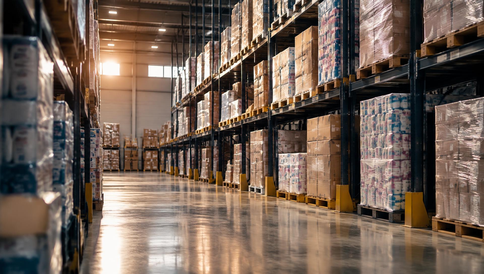 Depósito con pallets de productos de higiene listos para despacho